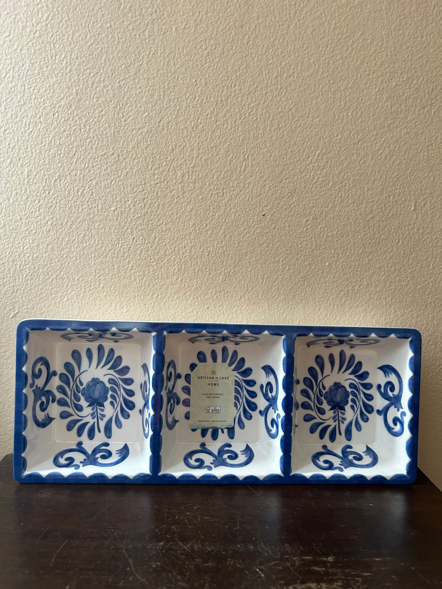 Artisan De Luxe Dipping Bowls New 3 Compartments Blue White Roses