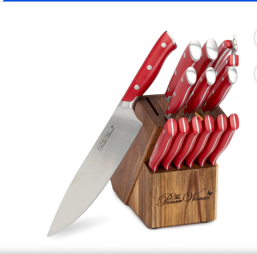 The Pioneer Woman Frontier 14 Pc Forged Cutlery Knife Block Red Ivory NEW