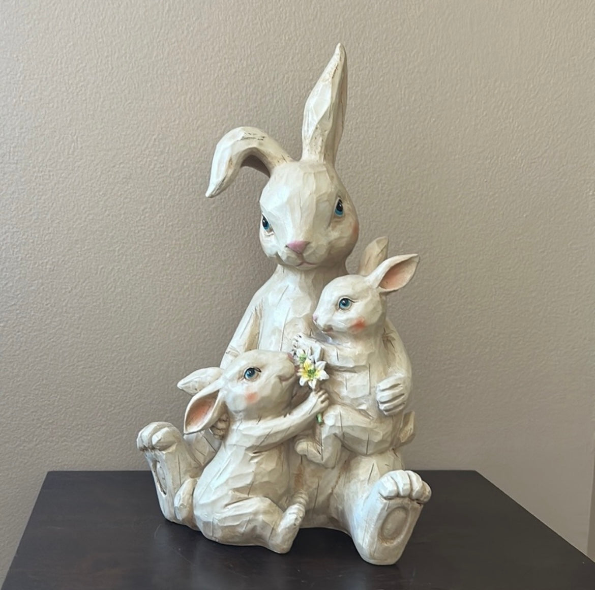 Bunny Rabbit With Baby bunnies Easter Beige Figurine Rustic New