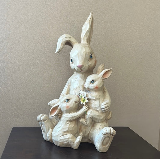 Bunny Rabbit With Baby bunnies Easter Beige Figurine Rustic New