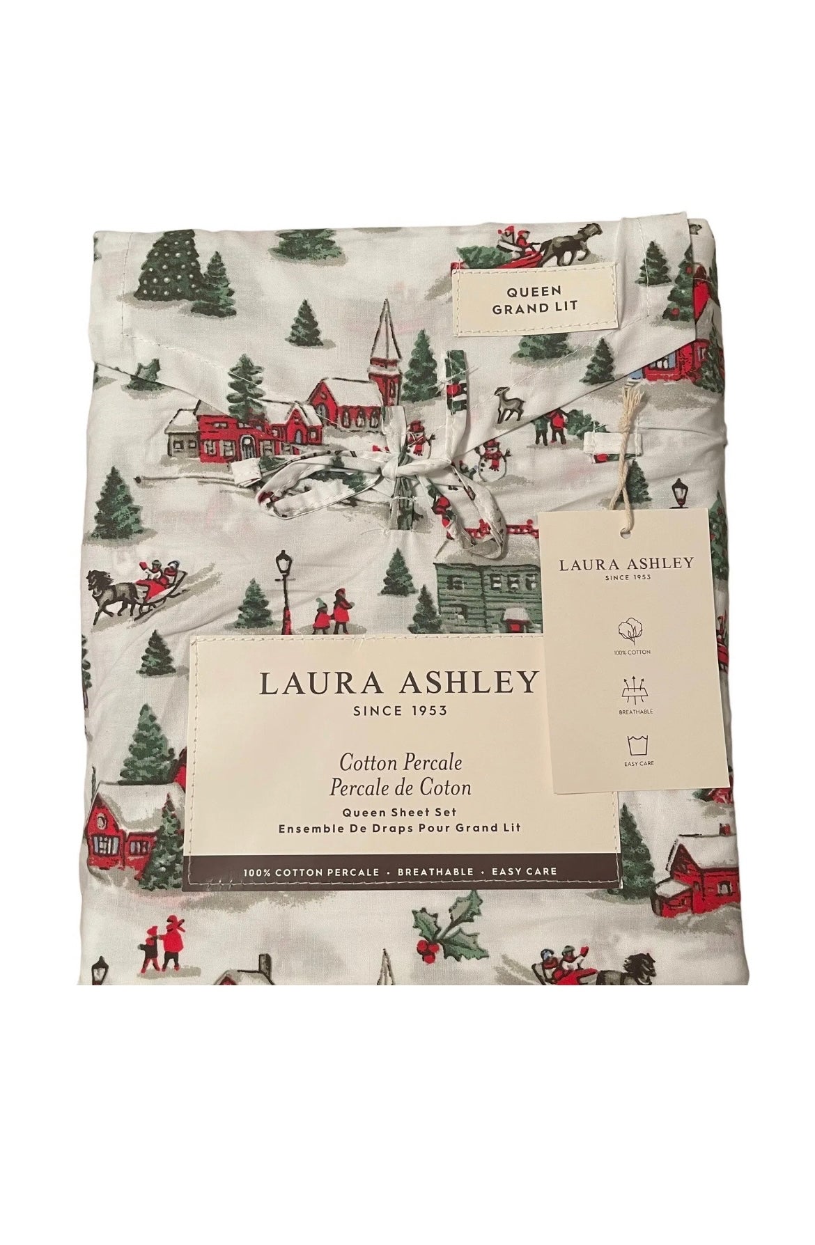 Laura Ashley QUEEN Size Cotton Percale Christmas Holiday Village Sheet Set New