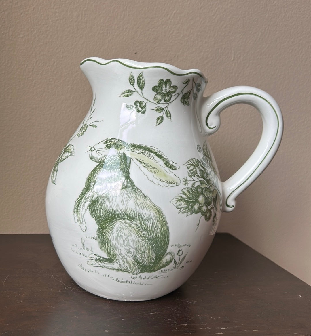 New Pitcher Vase Easter Spring Floral Green Bunny Rabbit Ceramic New 8” Tall