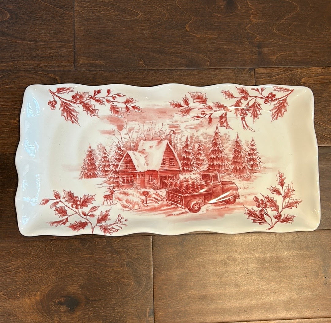 Maxcera vintage style Christmas serving Platter Red Truck Holly Berries Cabin