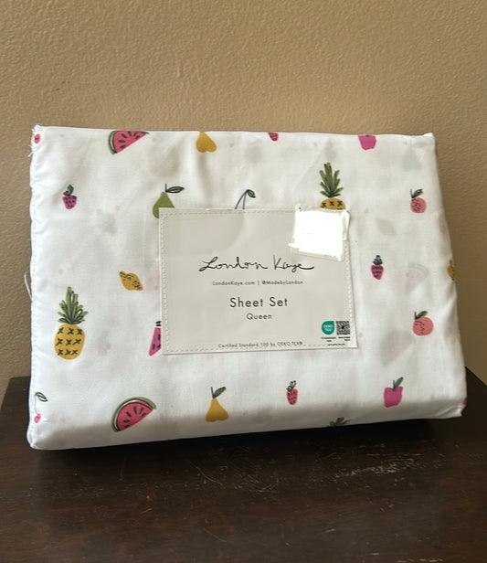 London Kaye Fruit Pineapple Watermelon Cherry Summer Queen Sheet Set 4 Pc