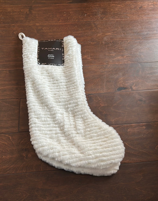 Tahari Set Of 2 Faux Fur Stockings Beaded White New Christmas Decor