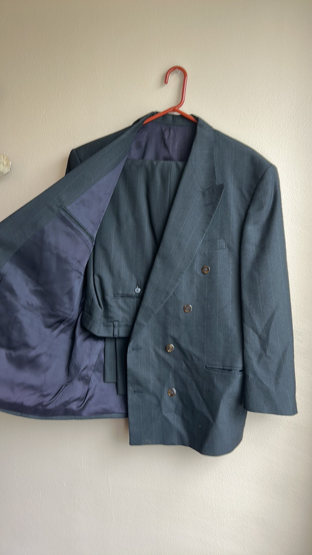 Cezar Del Prado Men’s 2 Pc Suit Striped Sz 42 Double Breasted Black Made Spain