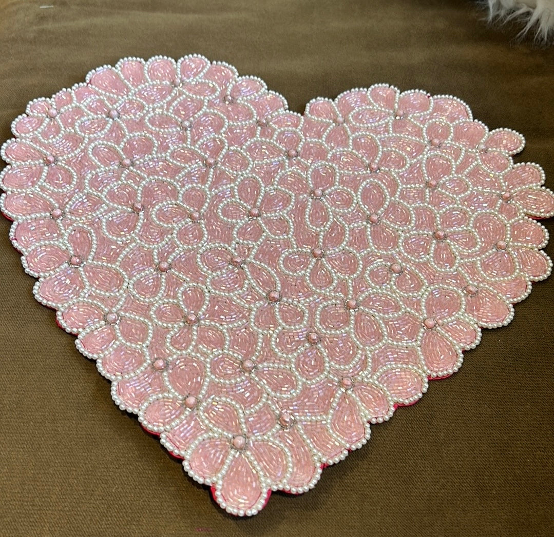 2 Cupcakes & Cashmere Beaded Heart Shaped Charger Placemat New 15” Pink