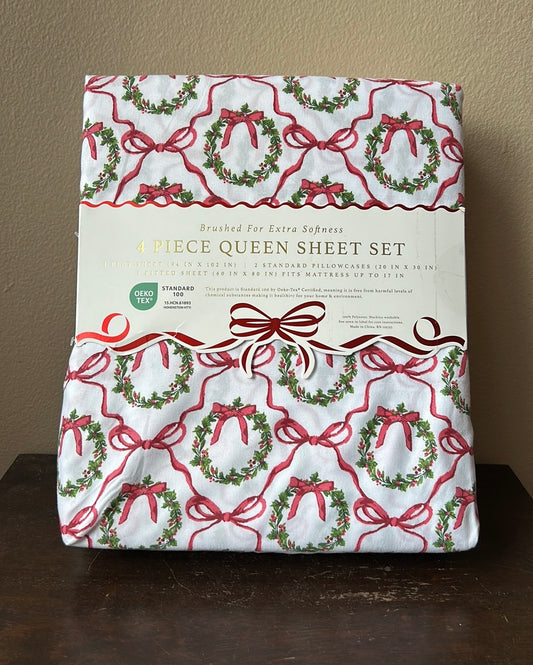 New 4 Pc Queen Sheet Set Christmas Wreath Holiday Red Green