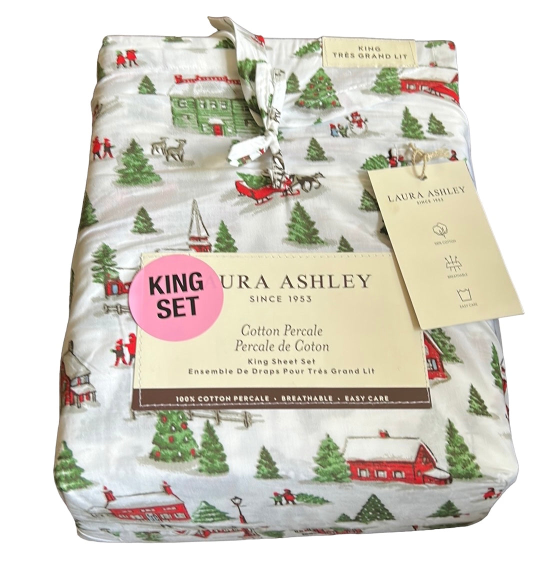 Laura Ashley Cotton Percale Christmas scene Santa Sleigh King sheet set new