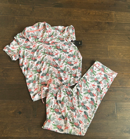 Pillow Talk 2 Pc Pajama Set New Flamingoes Tropical Palm Fronds New