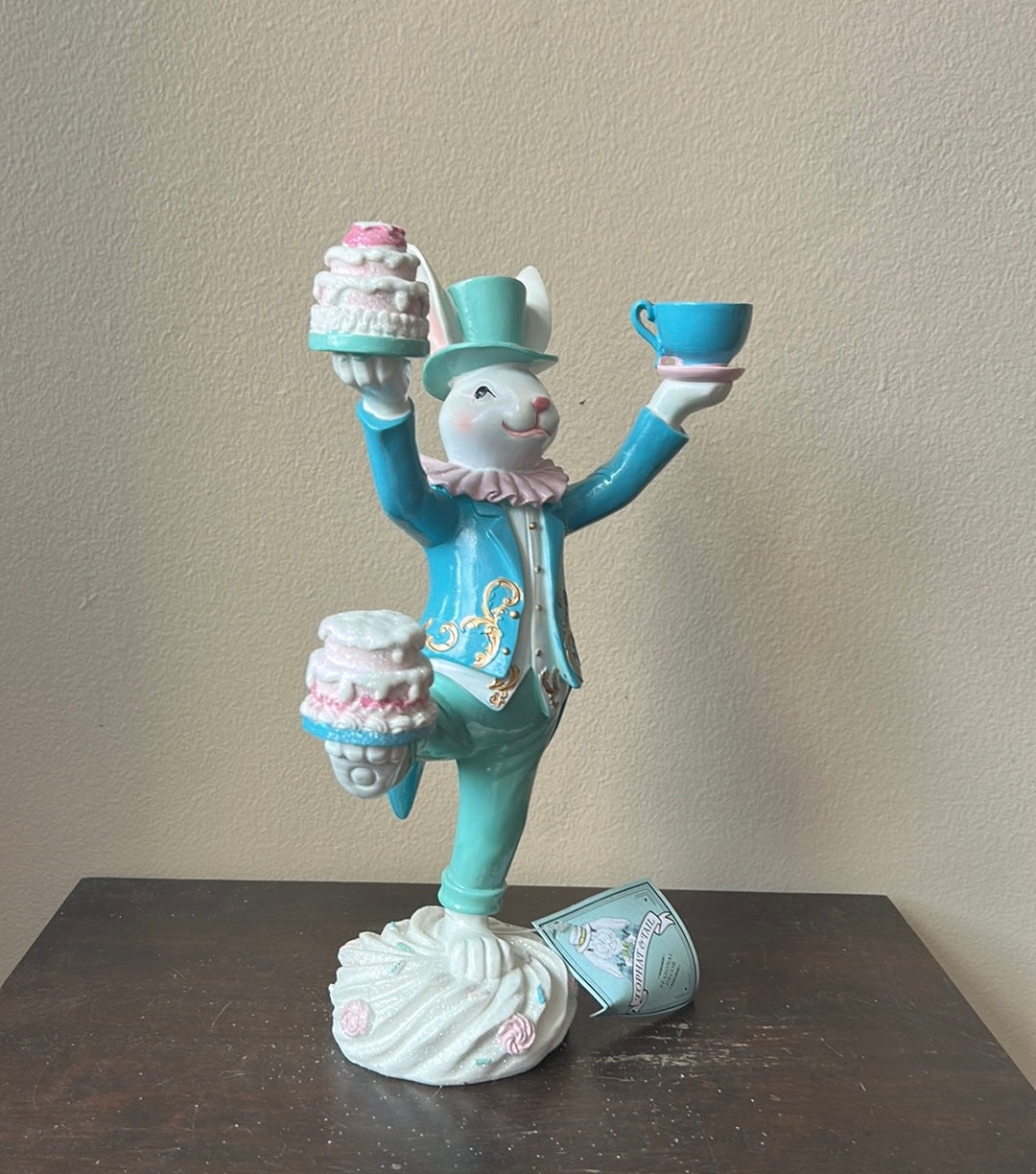 Tophat & Tail New Bunny Figurine With Teacup Cake 12.5” Tall Madhatter
