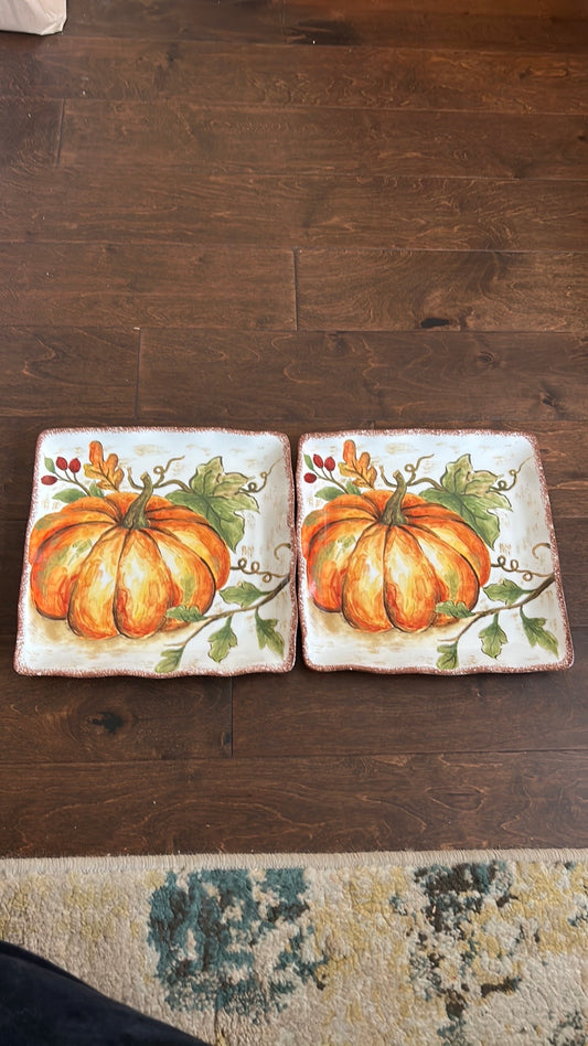 Maxcera Pumpkin Fall Leaves 2 Dinner Plates Ceramic Square