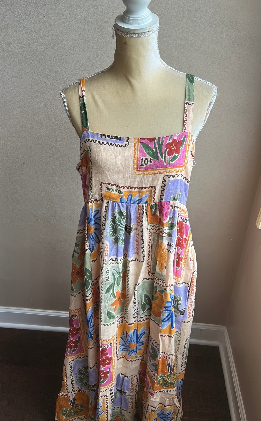 Paper Heart Womens Summer Dress Linen Blend Sz L Floral Stamps  New