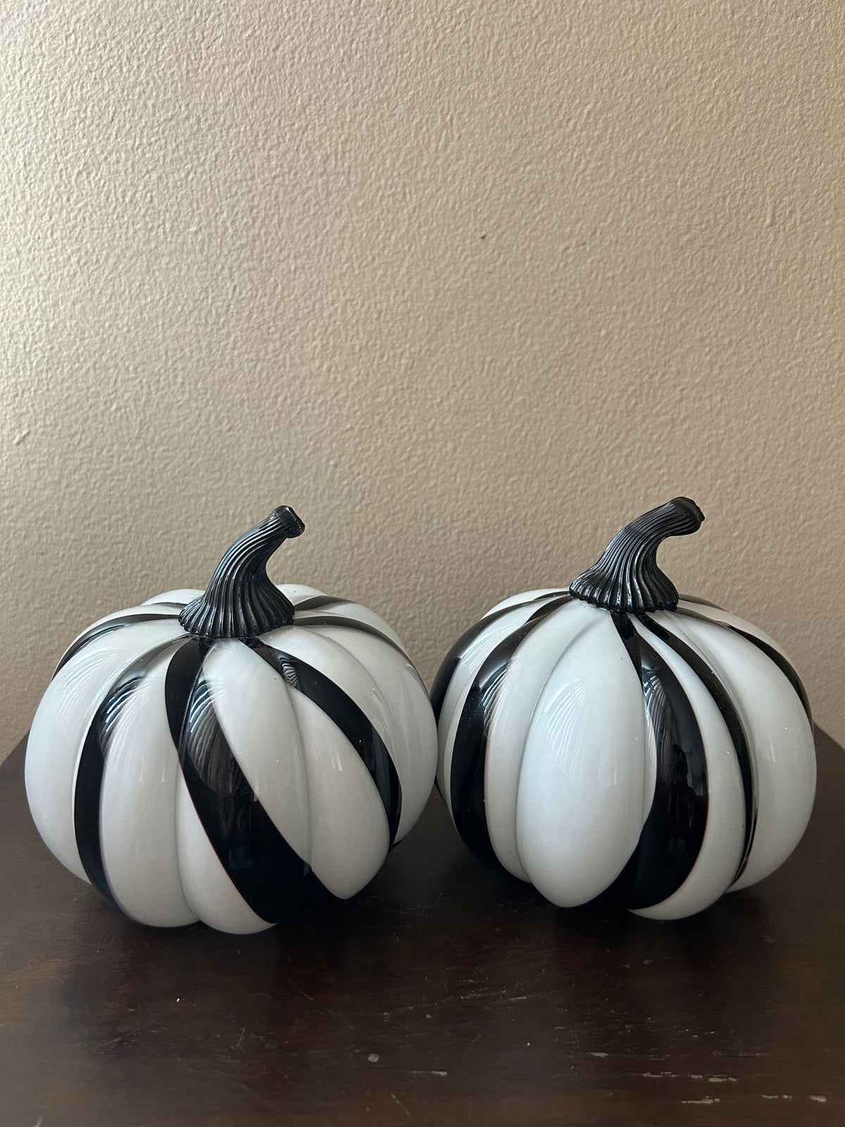 Set Of 2 Black White Striped Pumpkin New Glass Fall Mackenzie Childs Look