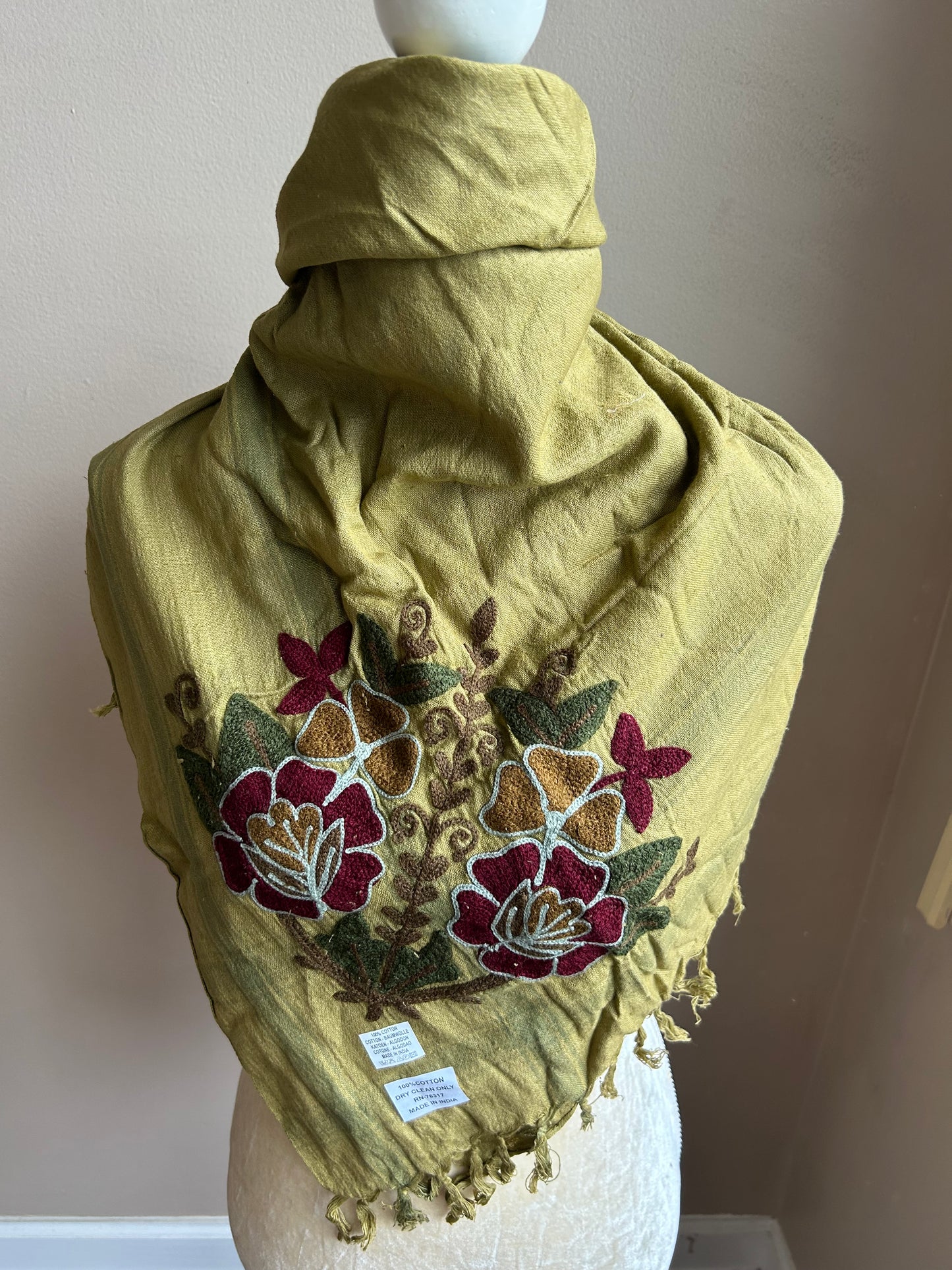 New Womens Green  Embroidered Flowers Fringed Scarf BOHO New 5000-3102