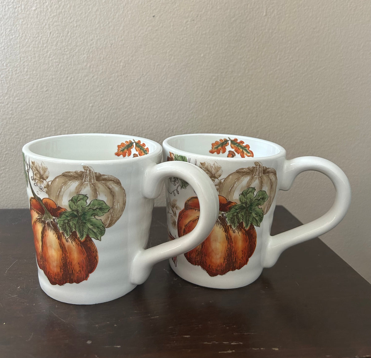 Set Of 2 Pumpkin Fall Coffee Mugs Cups New Thanksgiving Leaves Ceramic