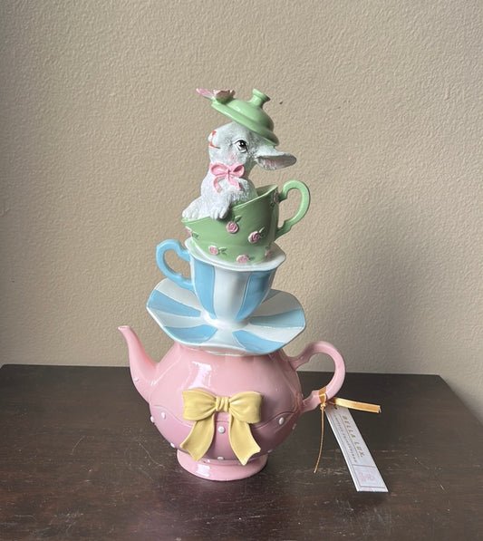 Bella Lux Bunny In Stacked Teapot Teacups Easter Spring 10” Tall New Pastel