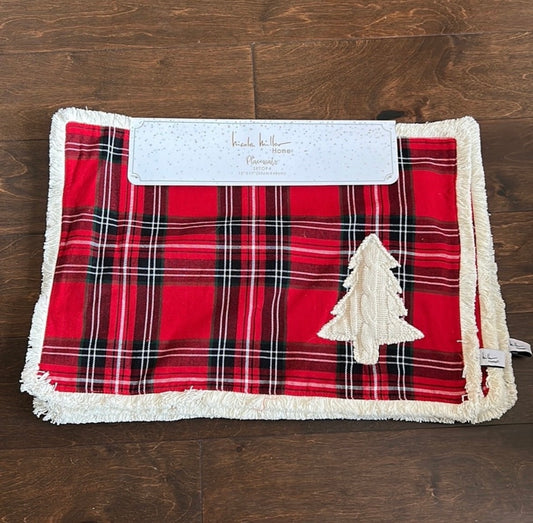 Nicole Miller Placemats 4 Plaid Embroidered Christmas Red Frayed Edge