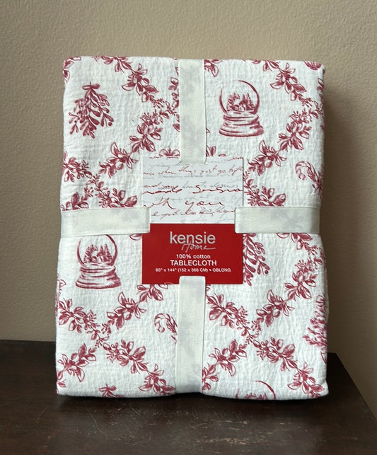 Kensie Tablecloth Christmas Globe Holly Candy Cane 60”x144” New