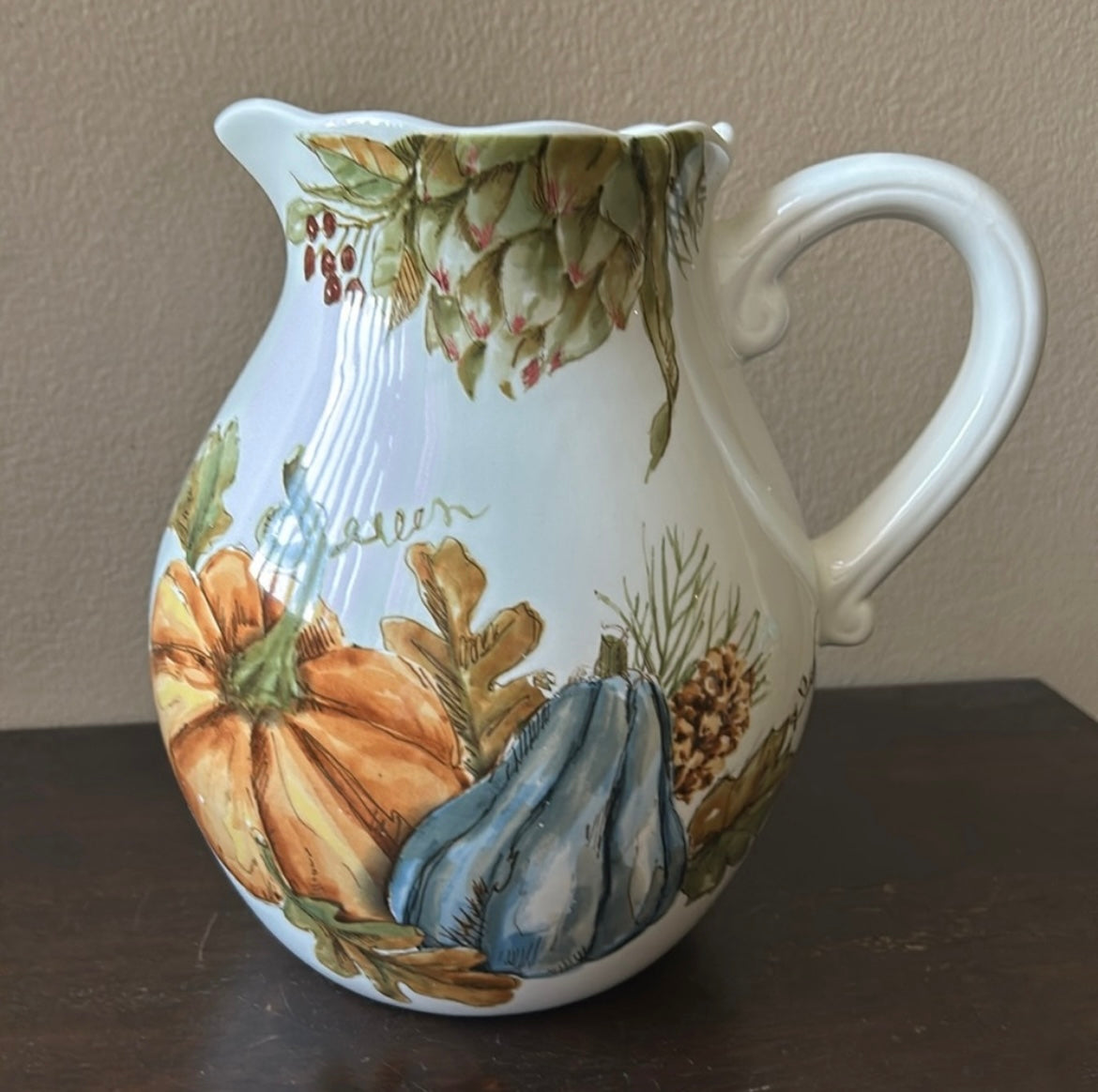 New Ceramic Pitcher Pumpkins Fall Leaves Berries Thanksgiving Ceramic 8.5” Tall