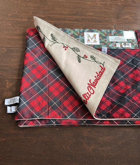 Mia Charro Set Of 4 Placemats Christmas Tartan Plaid Reversible embroidered