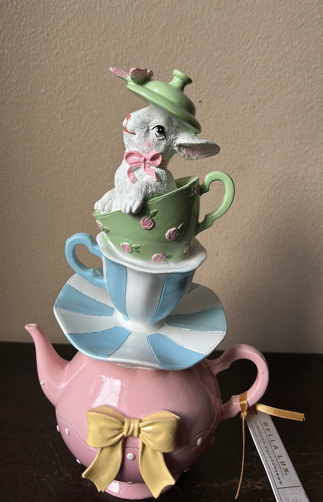 Bella Lux Bunny In Stacked Teapot Teacups Easter Spring 10” Tall New Pastel