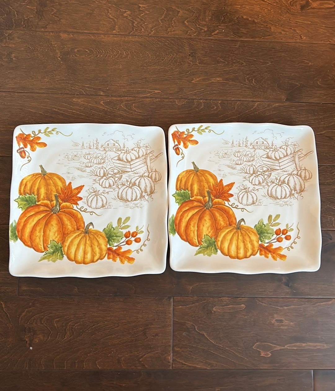 Maxcera Pumpkin Fall Leaves set of 4 Dinner Plates Ceramic Square