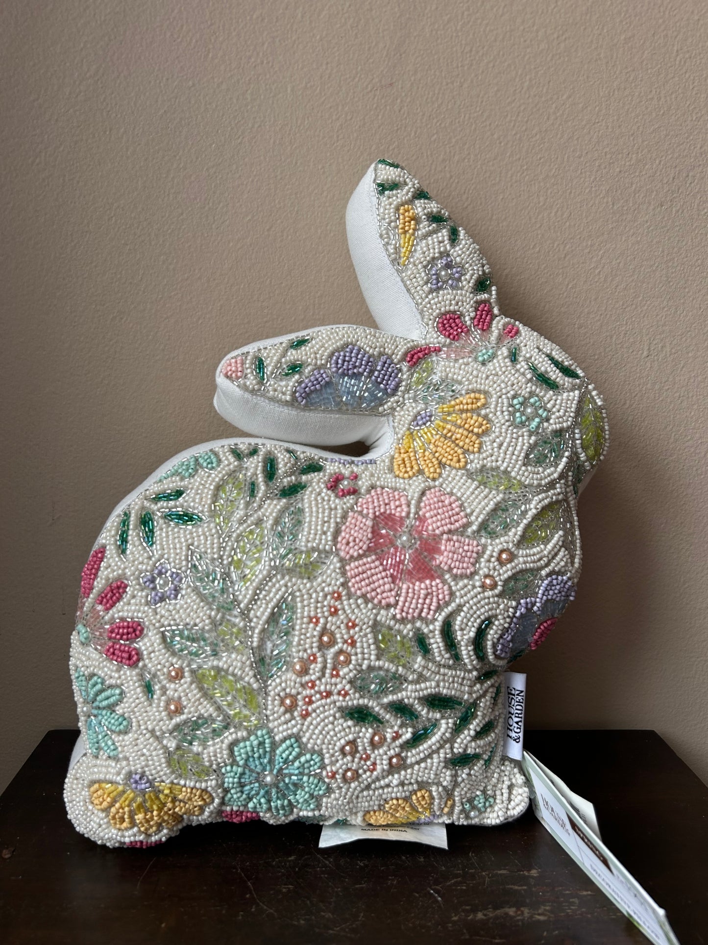House & Garden Beaded Easter Bunny Rabbit Shaped Pillow 15”x10” Floral New