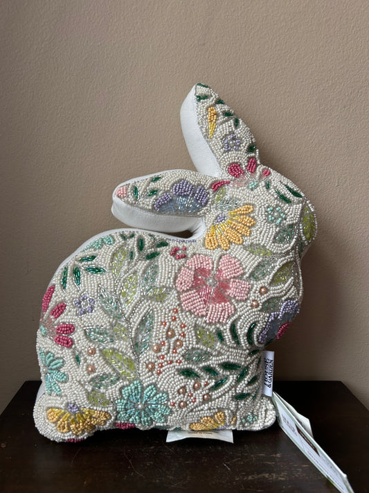 House & Garden Beaded Easter Bunny Rabbit Shaped Pillow 15”x10” Floral New