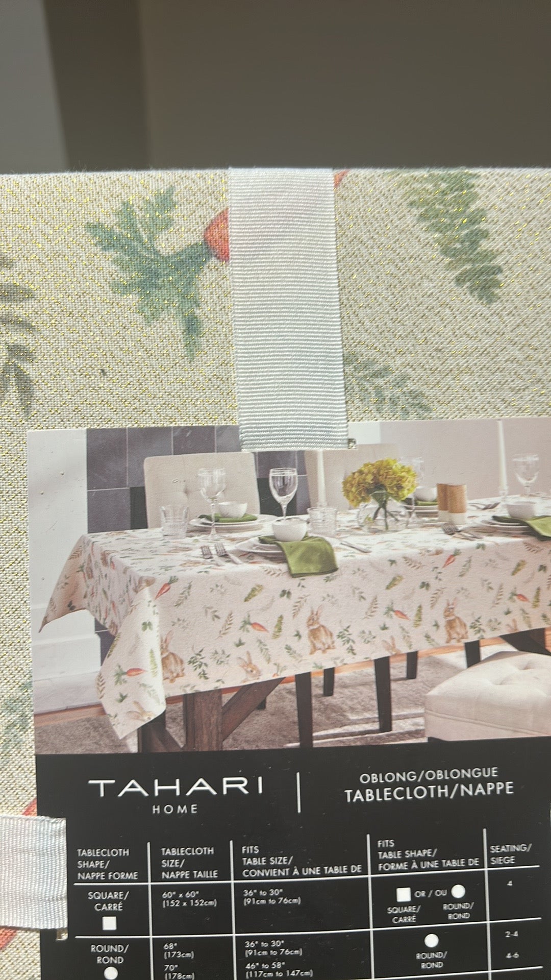 Tahari Easter Tablecloth New 60”x 84” Cotton Spring Floral Shimmery Bunny Carrot