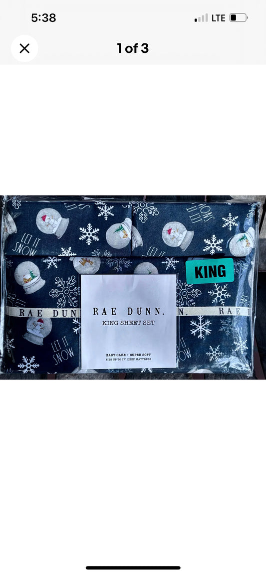 RAE DUNN CHRISTMAS Snow Globe Let it Snow KING SIZE SHEET SET Navy Blue