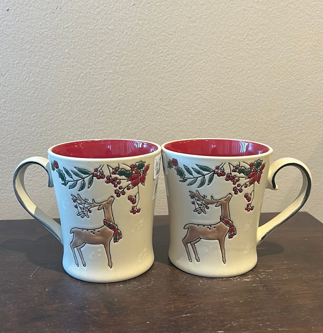 Eli & Ana Set of 2 Coffee Mugs Reindeer Christmas Holly Berry  New