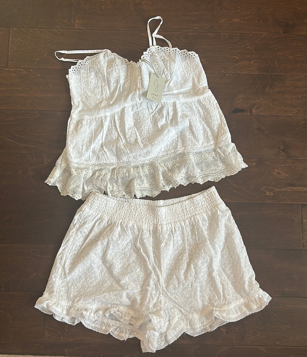 Joie Womens White Eyelet Pajama Set Shorts Top New Lace Detail Cotton Sz M