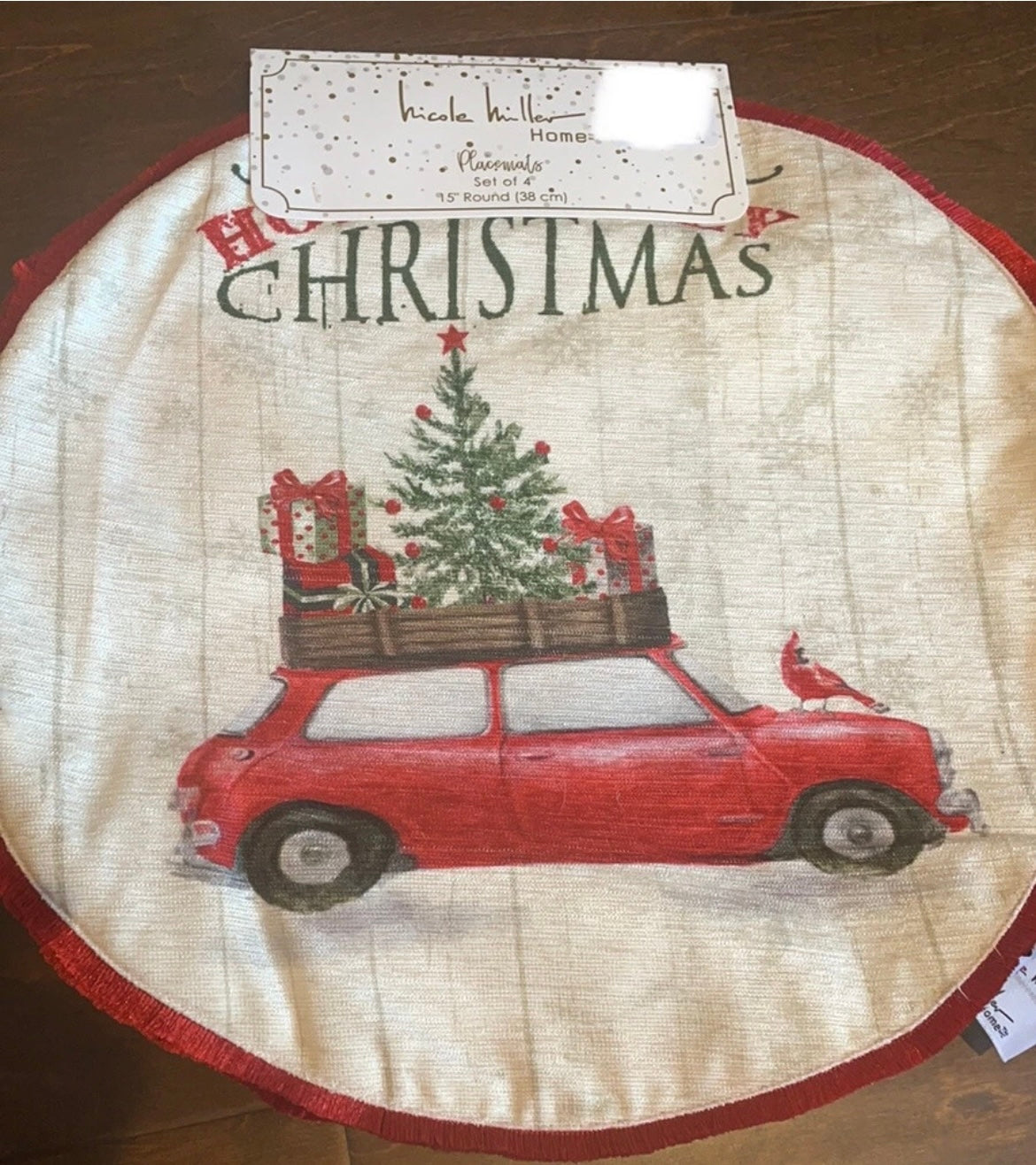 Nicole Miller Set Of 4 Christmas Tree Placemats Red Truck 15” Round New