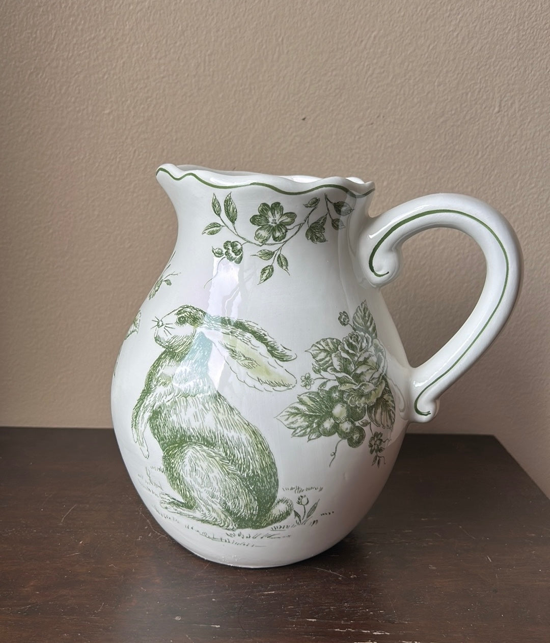 New Pitcher Vase Easter Spring Floral Green Bunny Rabbit Ceramic New 8” Tall