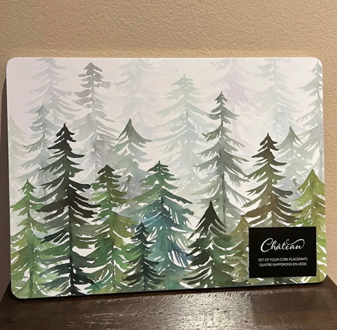 Set of 4 Placemats Evergreen Christmas Trees Colorful  Cork