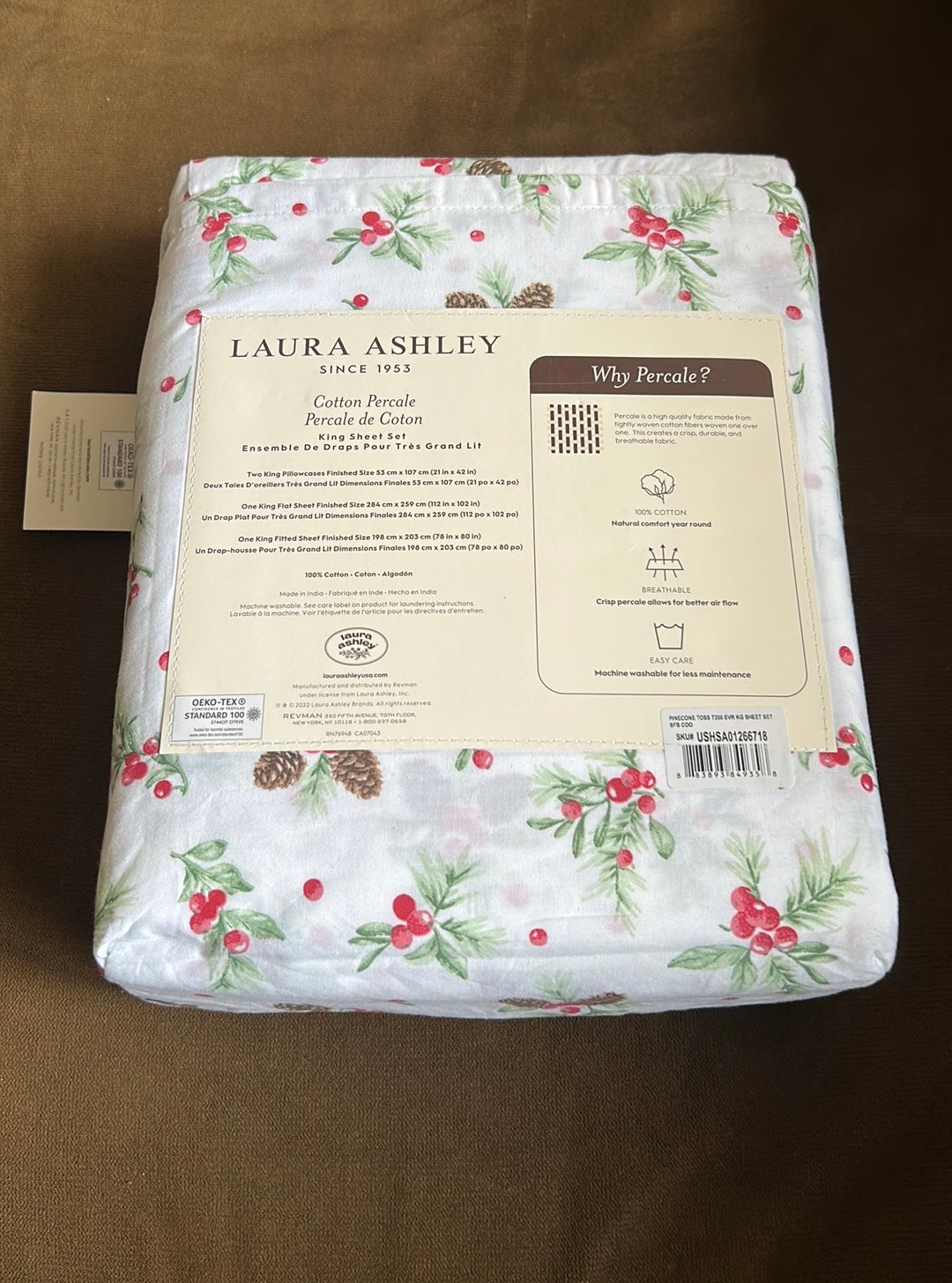 Laura Ashley Cotton Percale Christmas Holly Berries Pinecone  King sheet set new