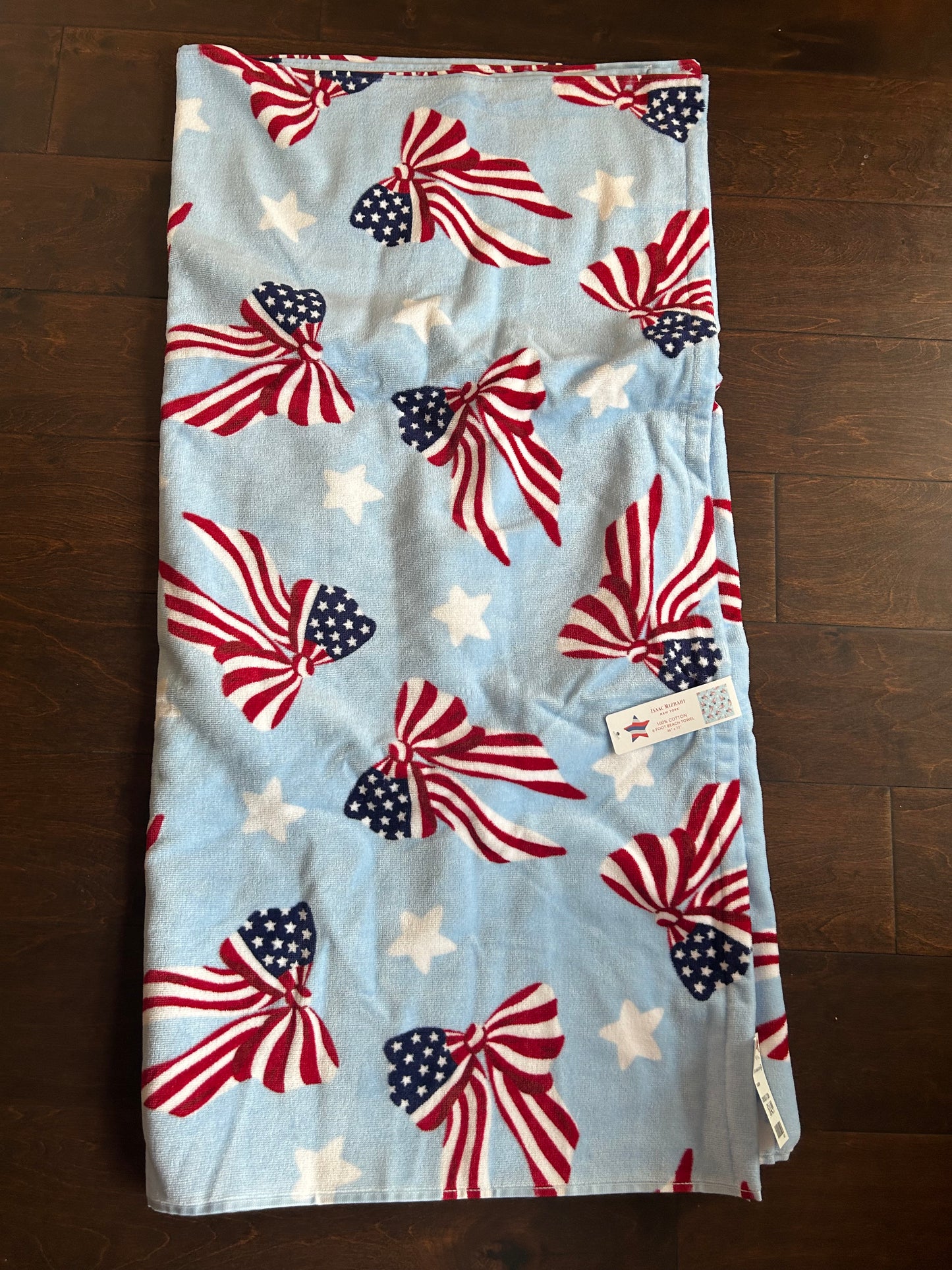 Isaac Mizrahi Beach Towel Americana Flags July 4th Cotton Blue red Bows 36”x72”