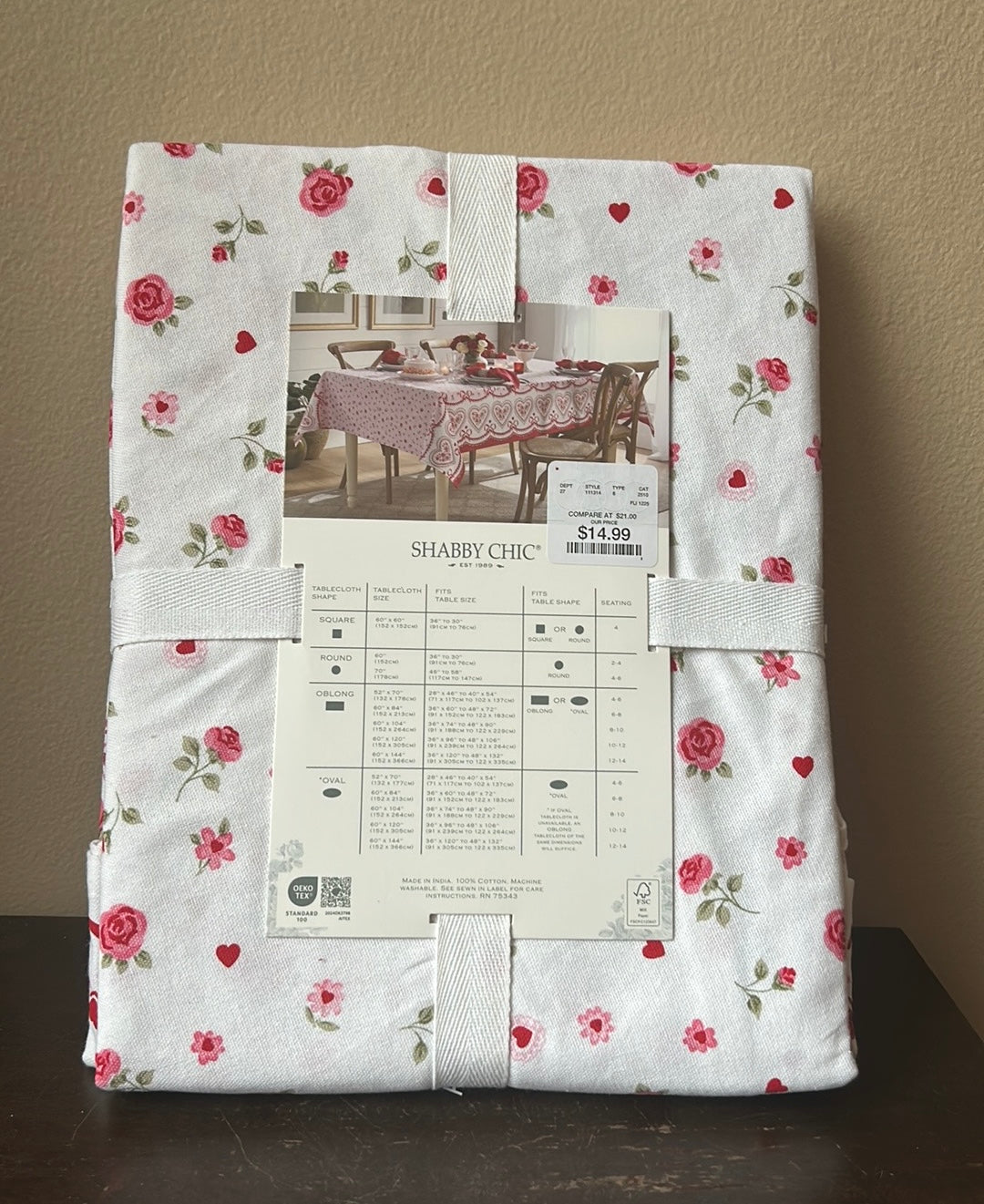 Shabby Chic Valentines Tablecloth New Roses Hearts Love Cotton