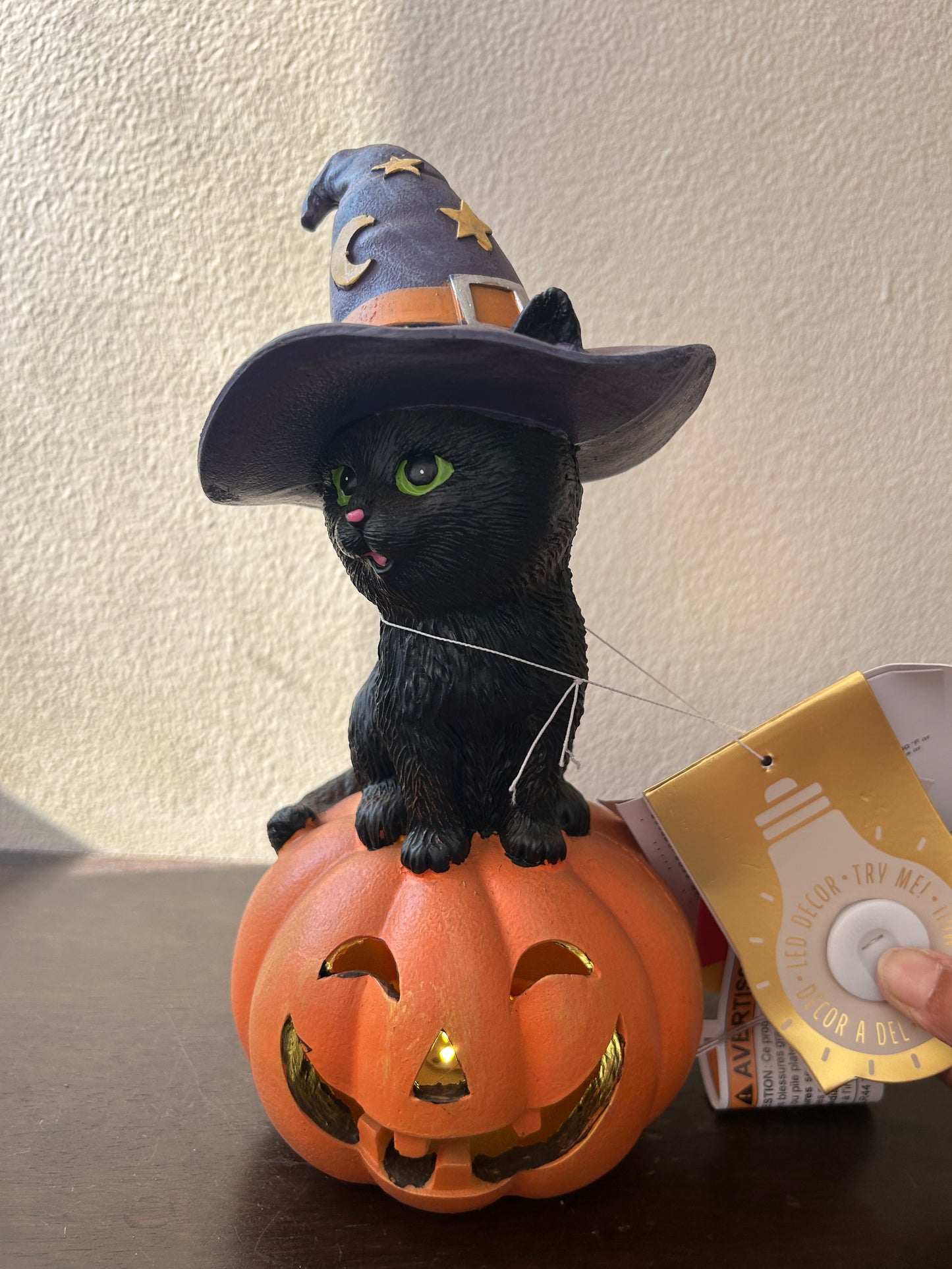 New Halloween LED Light Up Witch Cat On Pumpkin Figurine kitty black new 10”