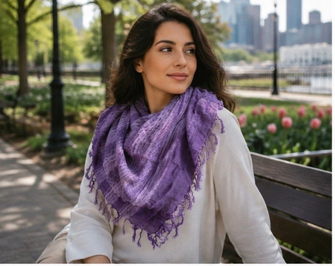 New Womens Scarf Square Purple Printed Multicolor Fringed  5000-3102