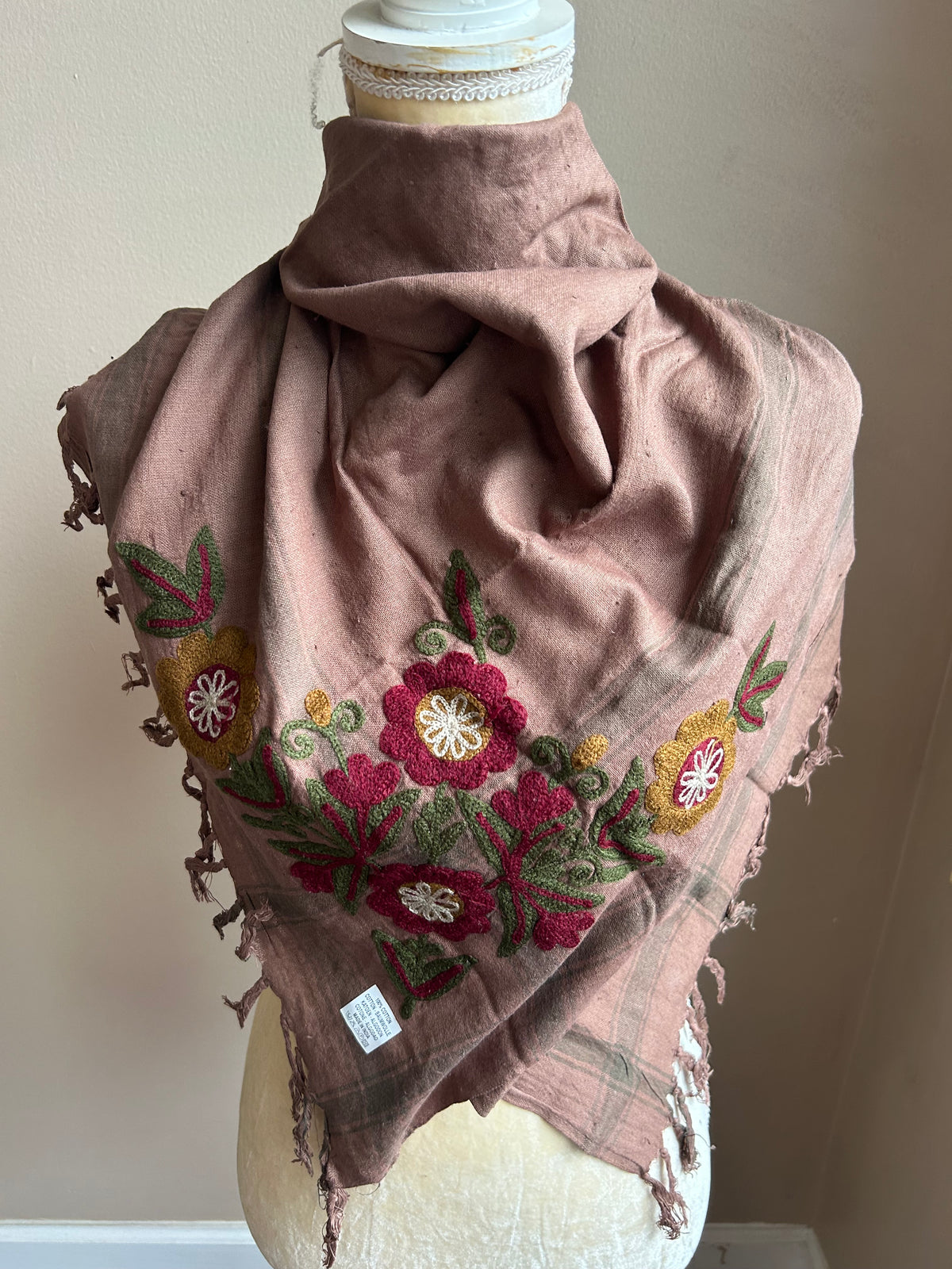 New Womens Tan Embroidered Flowers Fringed Scarf BOHO New 5000-3102