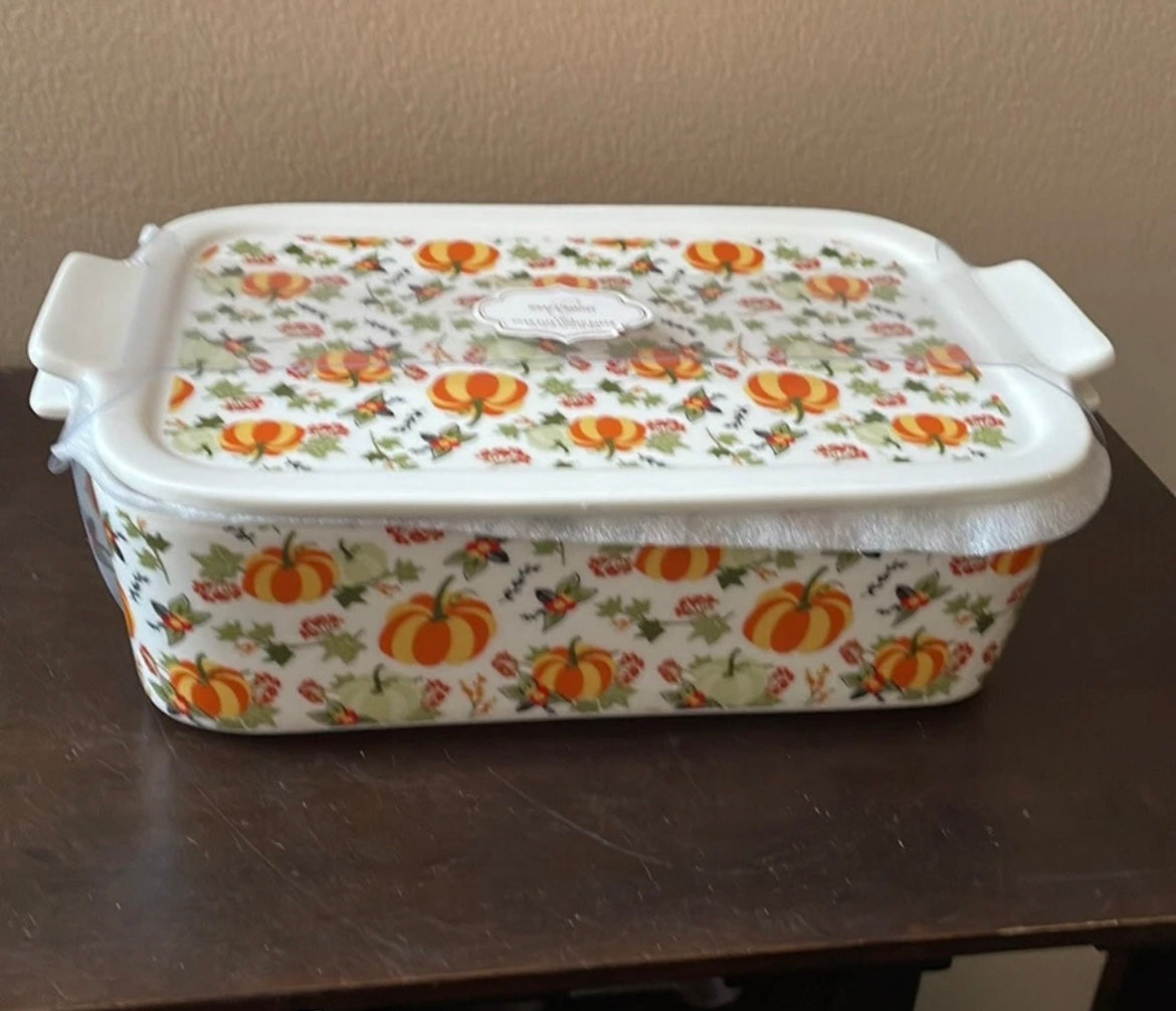 Grace Pantry Pumpkins Rectangular Porcelain Casserole Baking Dish & Lid New