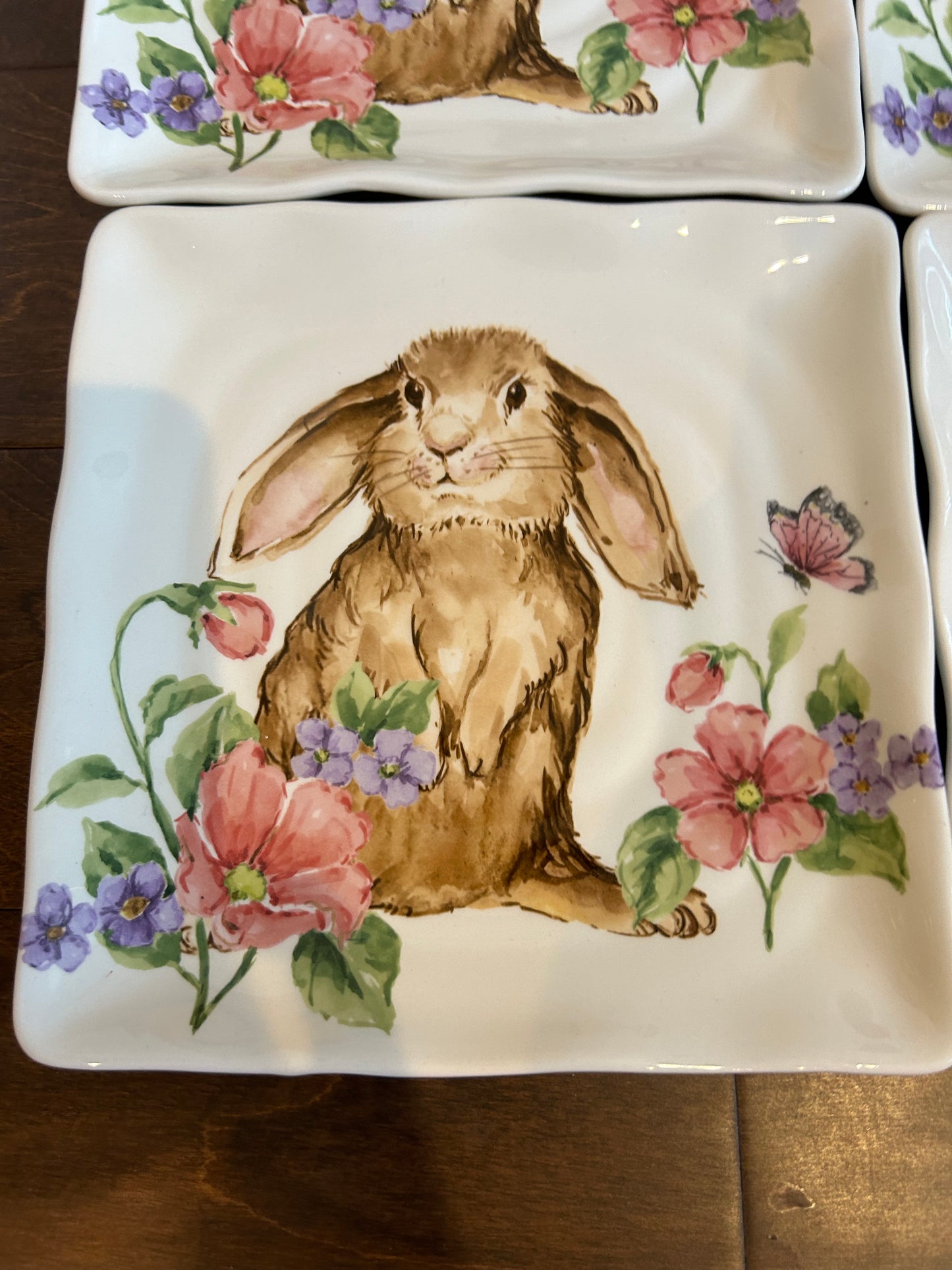 Set Of 4 Bunny Rabbit Salad Plates Ceramic New Floral Easter