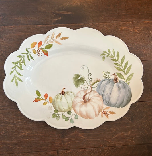 Potter's Studio Fall BLUE HARVEST Pumpkins Ceramic Serving Platter New Scalloped