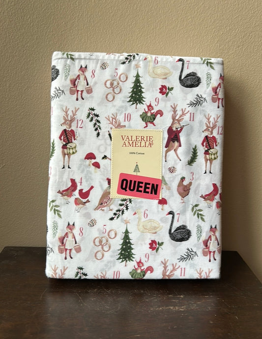 Valerie Amelia New Queen Sheet Set Cotton 12 Days Of Christmas Reindeer Holly