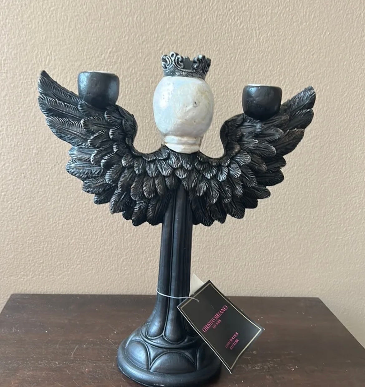 Christian Siriano New Halloween Candelabra holds 2 Candles King Skull witg Wings