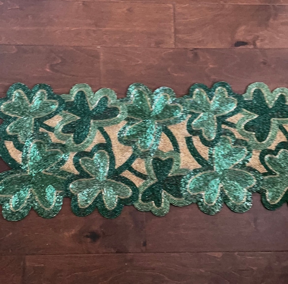 St Patricks Day Table Runner  Irish Clover Beaded Centerpiece Green Gold