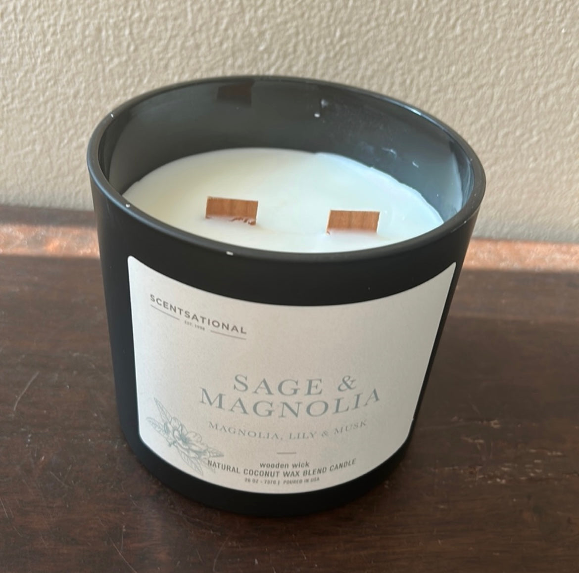 Scentsational Sage & Magnolia Candle Large Glass Jar 26oz Soy Blend Wood Wick