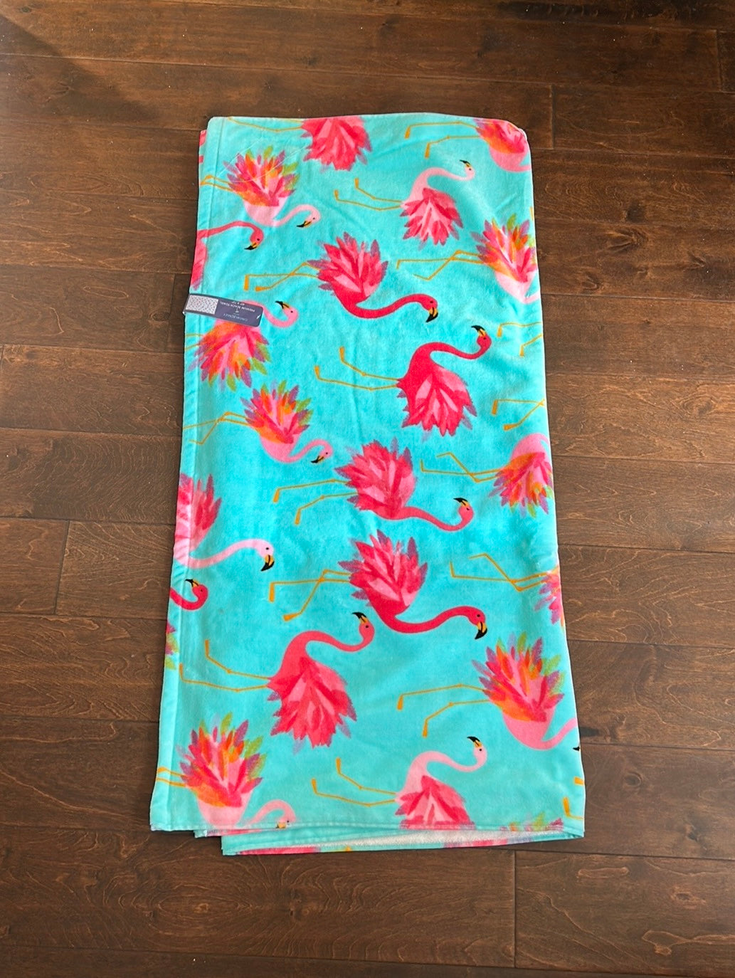 CYNTHIA ROWLEY Pink Flamingo BLUE COTTON BEACH TOWEL 40”x72”